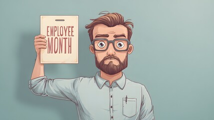 Bearded office worker holds up a notice celebrating the individual recognized for outstanding performance during the month