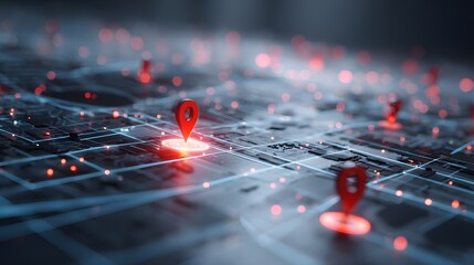 Multiple digital location pins illuminate a futuristic network grid with glowing data points