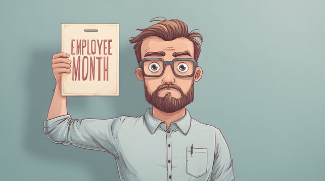 Bearded office worker holds up a notice celebrating the individual recognized for outstanding performance during the month