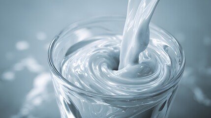 Thick white liquid streams into a clear glass, creating a swirl on the surface