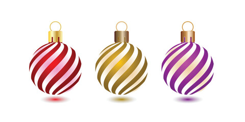 Christmas Ornament Balls Vector in 3D and Realistic Illustration with Red, Golden and Purple Colors
