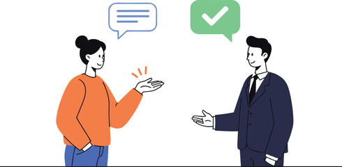 Friendly communication between woman and businessman, positive conversation with speech bubbles and check mark symbol showing agreement and understanding