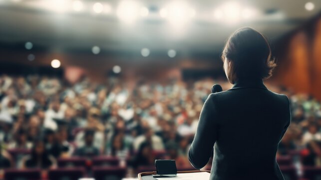 A professional speaker delivering a business presentation, set against a blurred auditorium background to convey leadership, clarity, corporate communication. business conference, keynote speaker.