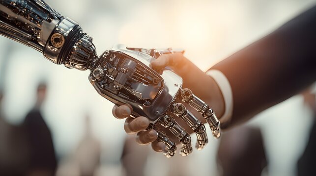 Metallic robotic manipulator exchanges grasp with human hand wearing business attire