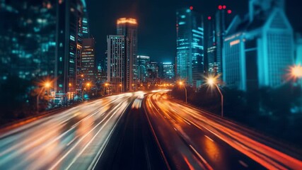 Night traffic light trails moving through modern cityscape - Powered by Adobe