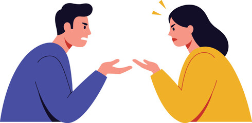 Angry man and woman arguing face to face, emotional conflict illustration showing frustration, stress, misunderstanding and communication problem