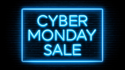 Cyber Monday sale neon sign on dark brick wall background.