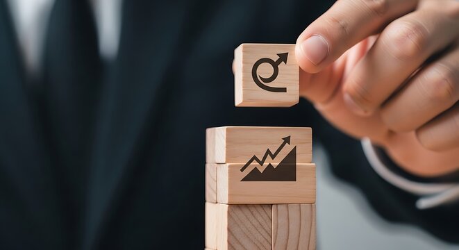 Business person stacking wooden blocks with growth chart and arrow symbols representing progress and success