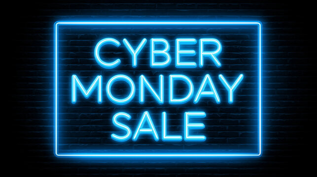 Cyber Monday sale neon sign on dark brick wall background. - Powered by Adobe