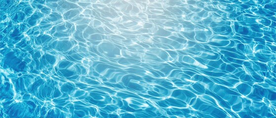 Obraz premium Transparent blue clear water surface texture with ripples, splashes, and bubbles, abstract summer banner background with water waves in sunlight and copy space for cosmetic moisturizer micellar