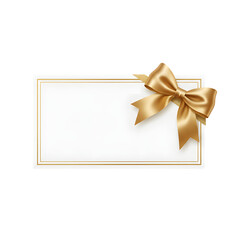 Fototapeta premium Blank white horizontal gift card or invitation with luxurious gold satin ribbon bow and border, elegant celebratory, isolated on transparent background
