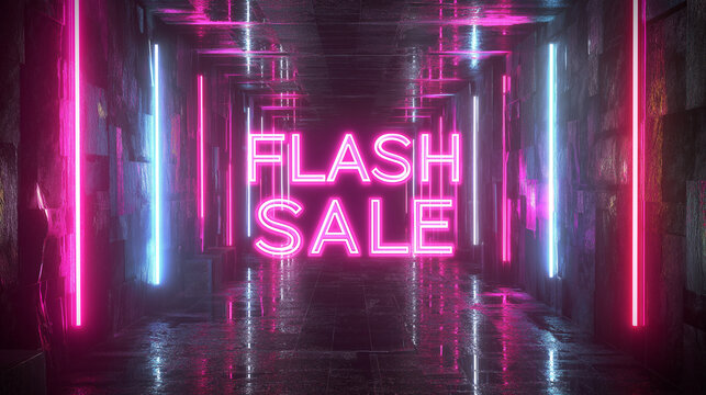 Neon Flash Sale Sign in Dark, Reflective Tunnel Environment