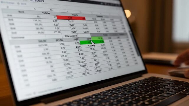 A person actively managing a detailed financial budget on a laptop screen with a spreadsheet