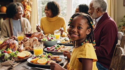 A multigenerational family enjoying thanksgiving dinner together at a table with a turkey and various dishes happy thanksgiving