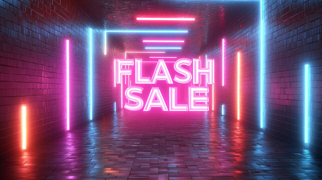 Flash Sale Neon Sign in a Futuristic Glowing Brick Tunnel - Powered by Adobe