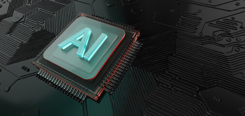 High-tech AI processor chip on a circuit board. Microchip architecture, neural computing hardware, machine-learning acceleration engine. Data processing, next-gen artificial intelligence technology 3D