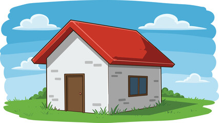 Cute cartoon house with red roof on grass field, blue sky background, cozy home illustration, real estate property graphic