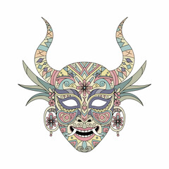 Intricate Decorative Tribal Mask with Horns and Wings Illustration