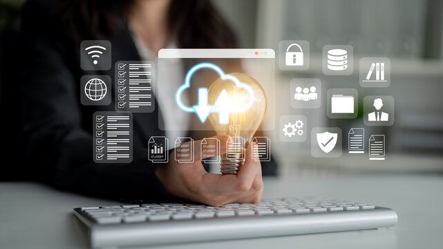 Cloud upload and download icon with surrounding data management, security, and analytics icons in digital interface Parse