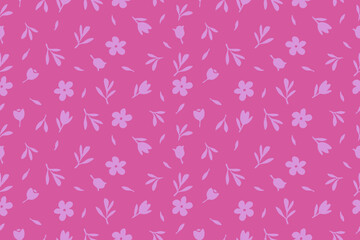 Seamless pink floral pattern with soft lavender blossoms and leaves, creating a cute, feminine and modern background perfect for design and decoration. Lovely.
