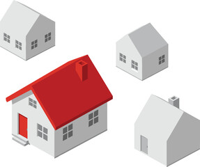 Isometric illustration of modern small houses with bold red roof centerpiece, minimalist architecture design, residential property concept, real estate graphic