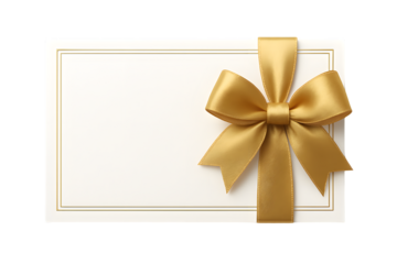 Blank off-white horizontal gift voucher or card with gold satin ribbon and bow, elegant luxury, isolated on transparent background