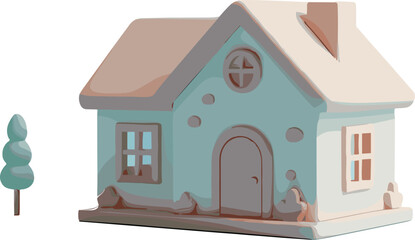 Charming small house illustration with blue walls, brown roof, front door, and window design in minimal cartoon style