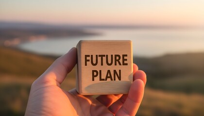 A hand holds a wooden block with the words "FUTURE PLAN" against a blurred landscape backdrop.