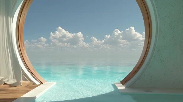 Elegant beachfront villa with open doors and flowing curtains overlooks a turquoise infinity pool blending seamlessly into the calm ocean horizon.