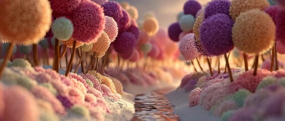 Whimsical candy forest with pastel river scenery - Powered by Adobe