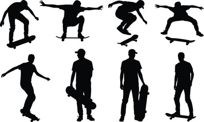 Skateboard silhouette, urban sport, trick pose, skateboarding action, youth movement, black vector, dynamic jump, rider stance, extreme activity, isolated figure
