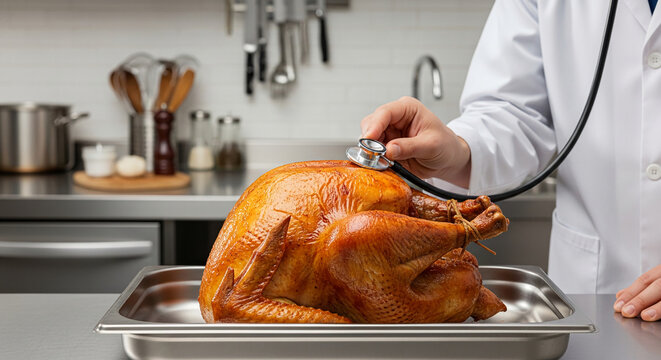 Close-up of roasted turkey with doctor using stethoscope, symbolizing food safety, health inspection and cooking concept, holiday, celebration - Powered by Adobe