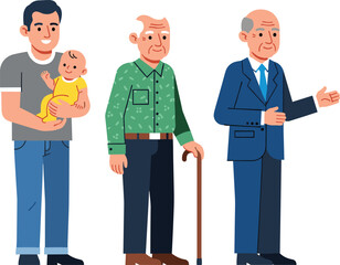 Generations of family men illustration showing father holding baby, elderly grandfathers standing together, concept of aging, family love, and life stages
