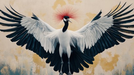 Majestic Crane in Flight Against Abstract Background