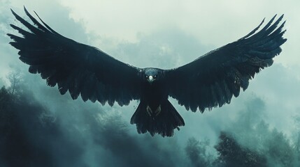 Majestic dark bird soars through misty forest