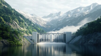 Majestic dam in a tranquil mountain valley, fog rising from reservoir