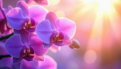 A cluster of vibrant pink and purple orchids bathed in warm sunlight, with a soft, blurred bokeh background.