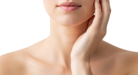 Close up on woman's face with hand touching cheek and neck soft skin isolate female beauty cosmetic health