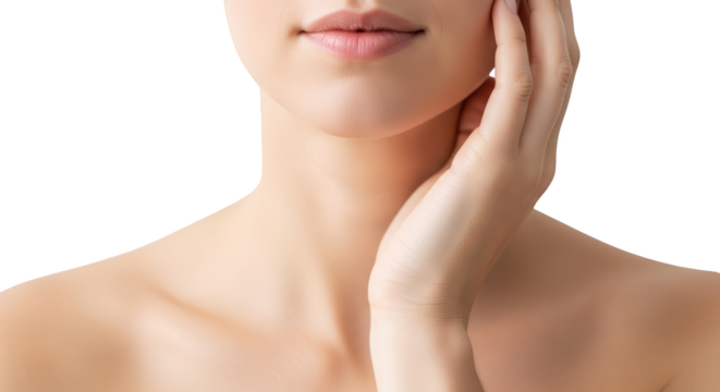 Close up on woman's face with hand touching cheek and neck soft skin isolate female beauty cosmetic health