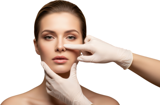 Close up of a woman's face with gloved hands touching her nose showing a medical or cosmetic procedure transparent background