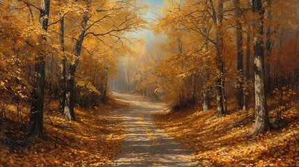 Obraz premium Sunlit Path Winding Through Foggy Forest in Fall Colors 