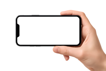 Hand holding a modern frameless black smartphone horizontally with a blank white screen, technology mockup, isolated on transparent background