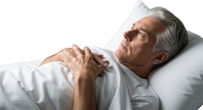 Elderly man with gray hair lying on his side in bed resting on a white pillow with hands crossed over his chest looking upward thoughtfully isolate