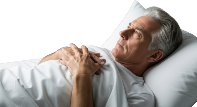 Elderly man with gray hair lying on his side in bed resting on a white pillow with hands crossed over his chest looking upward thoughtfully isolate - Powered by Adobe