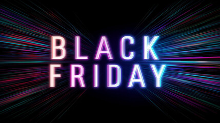 Black Friday neon sign with colorful light streaks background.
