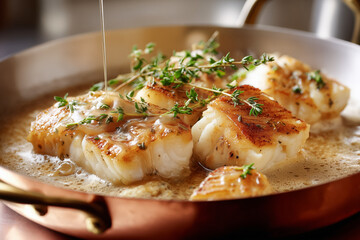 Delicious pan seared cod glistening with sauce and fresh thyme adds an elegant, healthy touch to your next dinner party or upscale restaurant menu