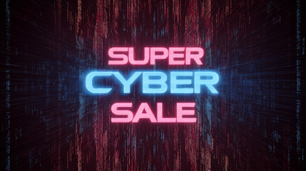 Digital Promotion: Super Cyber Sale with Glowing Neon Light Effects