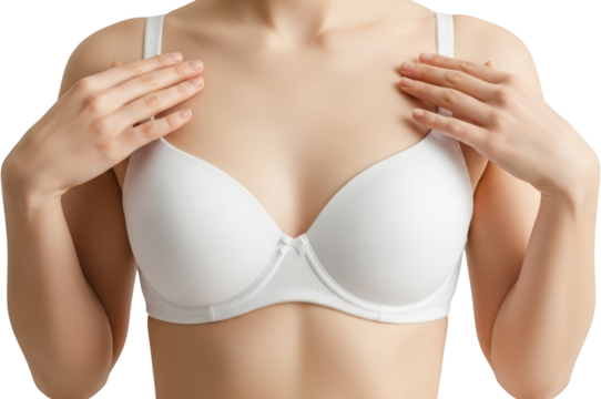 Woman's hands touching shoulders wearing a white bra with a small bow detail Isolate Female Skin Torso