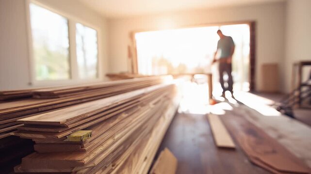 Stack of wooden planks prepared for flooring installation in a home interior, with a worker in the background preparing tools and workspace.