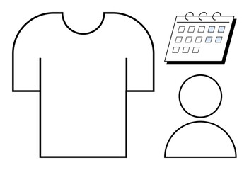 Minimalist T-shirt outline, calendar, and user icon illustrating customization, scheduling, user association, planning, personal organization. Ideal for business, fashion productivity branding
